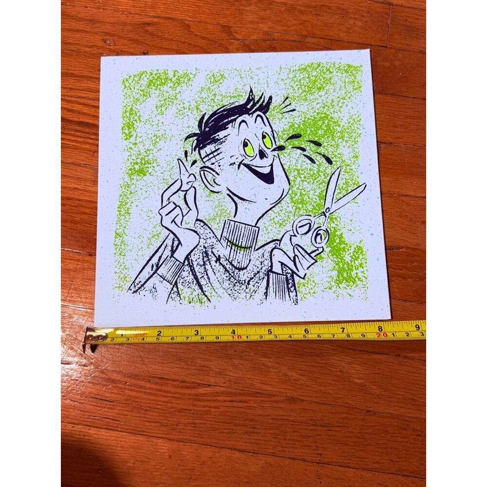 Artist Robin Banks-Green Cartoon Barber Art Print with Scissors and Comb - Picture 2 of 3